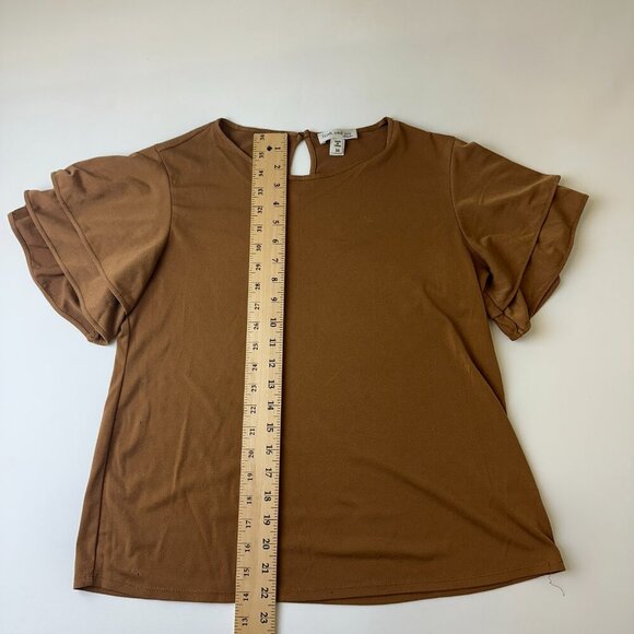 Faith and Joy Shirt Womens Medium Brown Ruffle Sleeve Keyhole Back Blouse Top - Picture 5 of 8